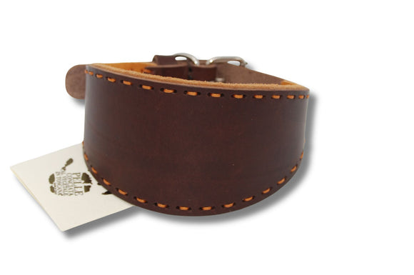 GEPOLSTERTES HALSBAND AUS PFLANZLICH GEGERBTEEM TOSKANABRAUN/ORANGE LEDER MIT ORANGE NÄHTEN FÜR PLI, WHIPPET UND WINDHUNDE