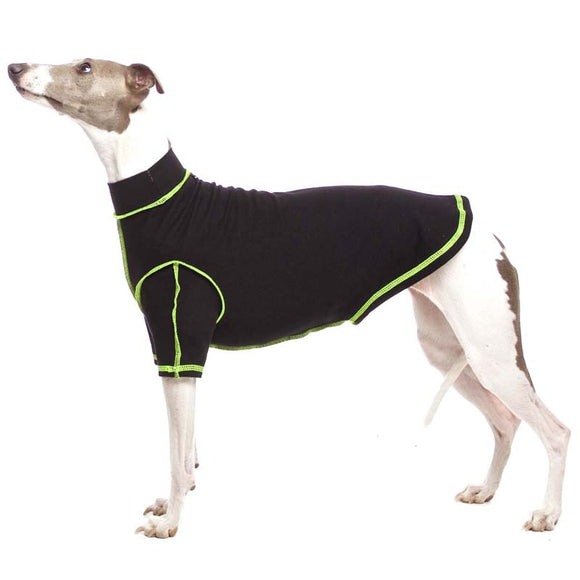 „SOFA BODIE“ T-SHIRT AUS SCHWARZER BAUMWOLLE MIT GELBEN NÄHTEN FÜR WHIPPET UND WINDHUND