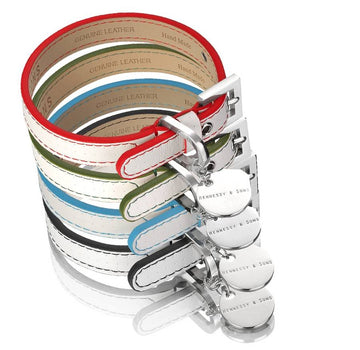 HENNESSY & SONS COLLARE IN PELLE POLO BIANCO CON BORDATURA AZZURRA