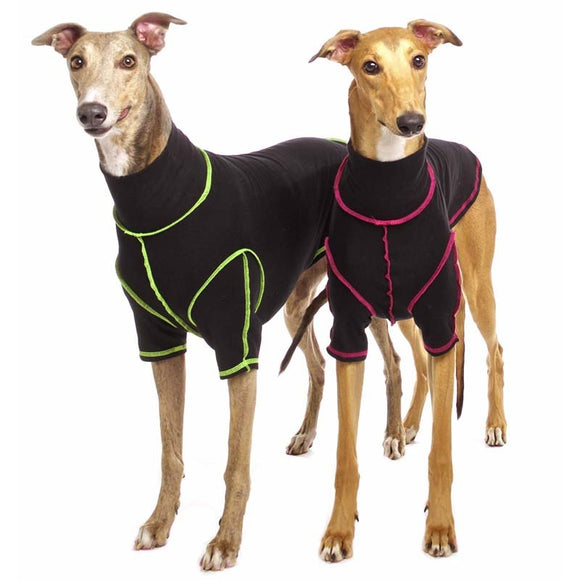 „SOFA BODIE“ T-SHIRT AUS SCHWARZER BAUMWOLLE MIT GELBEN NÄHTEN FÜR WHIPPET UND WINDHUND