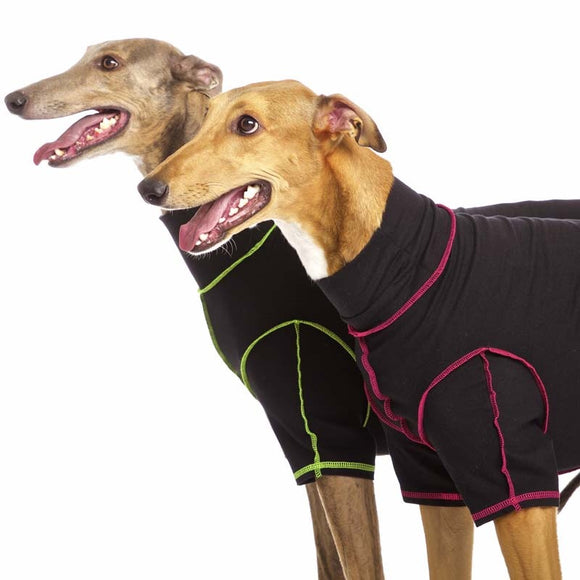 T-SHIRT „SOFA BODIE“ AUS SCHWARZER BAUMWOLLE MIT ROSA NÄHTEN FÜR WHIPPET UND WINDHUND