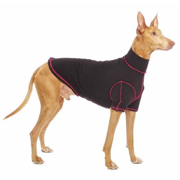 T-SHIRT „SOFA BODIE“ AUS SCHWARZER BAUMWOLLE MIT ROSA NÄHTEN FÜR WHIPPET UND WINDHUND