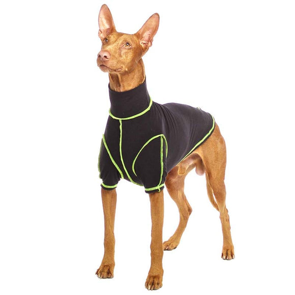 „SOFA BODIE“ T-SHIRT AUS SCHWARZER BAUMWOLLE MIT GELBEN NÄHTEN FÜR WHIPPET UND WINDHUND