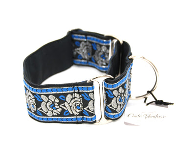 MARTINGALE COLLAR "BLUE FLOWERS SILVER" FOR WHIPPET AND SIGHThound