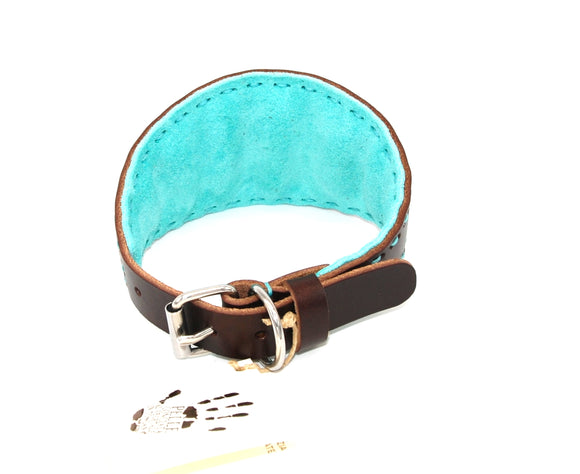 GEPOLSTERTES HALSBAND AUS PFLANZLICH GEGERBTEM LEDER TOSKANABRAUN/WASSER FÜR PLI, WHIPPET UND WINDHUNDE