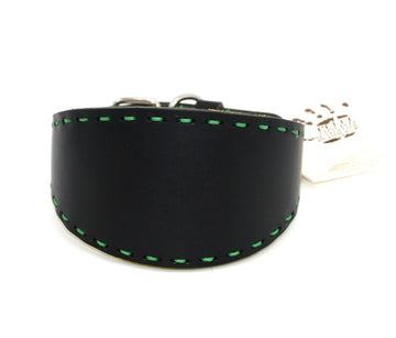 PADDED COLLAR IN BLACK/ACID GREEN VEGETABLE-TANNED TUSCANY LEATHER WITH GREEN STITCHING FOR PLI, WHIPPET AND SIGHThounds