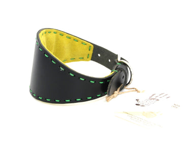 PADDED COLLAR IN BLACK/ACID GREEN VEGETABLE-TANNED TUSCANY LEATHER WITH GREEN STITCHING FOR PLI, WHIPPET AND SIGHThounds