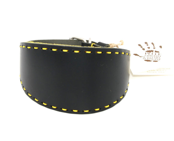 PADDED COLLAR IN BLACK/ACID GREEN VEGETABLE-TANNED TUSCANY LEATHER WITH YELLOW STITCHING FOR PLI, WHIPPET AND SIGHThounds