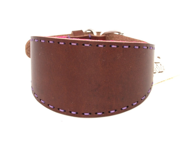 PADDED COLLAR IN VEGETABLE-TANNED TUSCANY BROWN/FUCHSIA LEATHER WITH PURPLE STITCHING FOR PLI, WHIPPET AND SIGHThounds