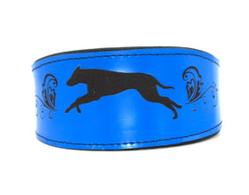 LEATHER COLLAR WITH BLUE ENGRAVINGS FOR GREYHOUND, WHIPPET, PLI