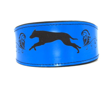 LEDERHALSBAND MIT BLAUEN GRAVUREN FÜR WINDHUND, WHIPPET, PLI