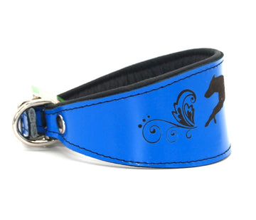 LEATHER COLLAR WITH BLUE ENGRAVINGS FOR GREYHOUND, WHIPPET, PLI