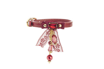 xxxDVS HALSBAND AUS LEDER BORDEAUX MIT STEIN UND PERLEN