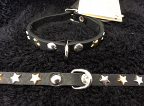 KORU LEATHER COLLAR WITH STARS H 1 CM BLACK