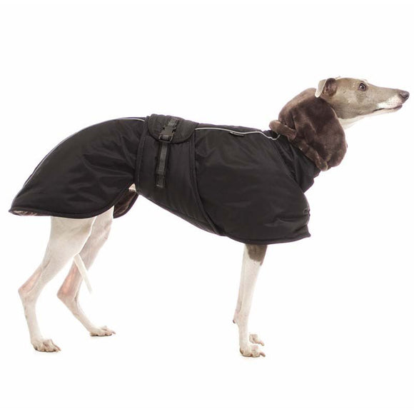 SCHWARZER WINTERMANTEL "SOFA ELVIS" FÜR WHIPPET