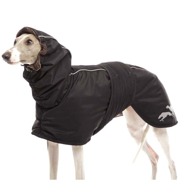 SCHWARZER WINTERMANTEL "SOFA ELVIS" FÜR WHIPPET