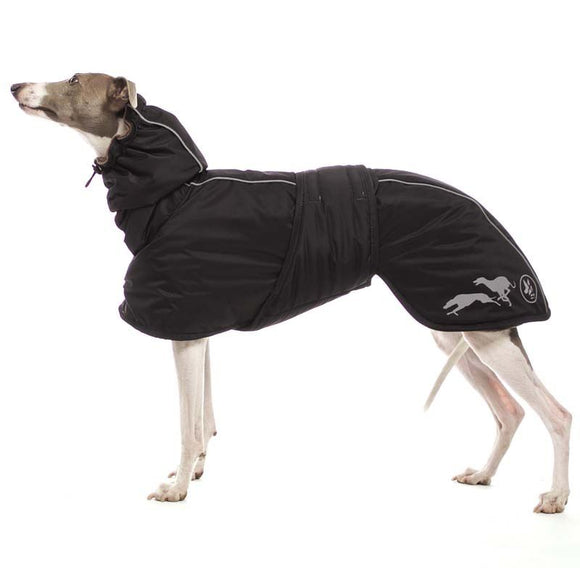 SCHWARZER WINTERMANTEL "SOFA ELVIS" FÜR WHIPPET