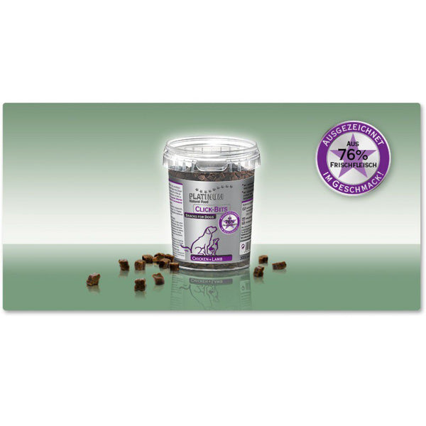 PLATINUM CLICK-BITS SNACK FOR DOGS IN JAR PLATINUM CHICKEN AND LAMB